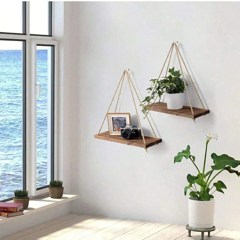 Wooden Hanging Rope Shelf for Wall Plants & Decor