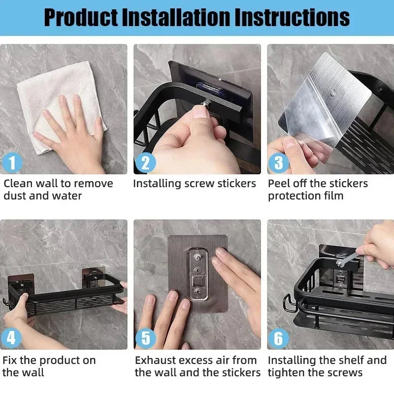 Aluminum Bathroom Shower Shelf No-Drill Shampoo Rack