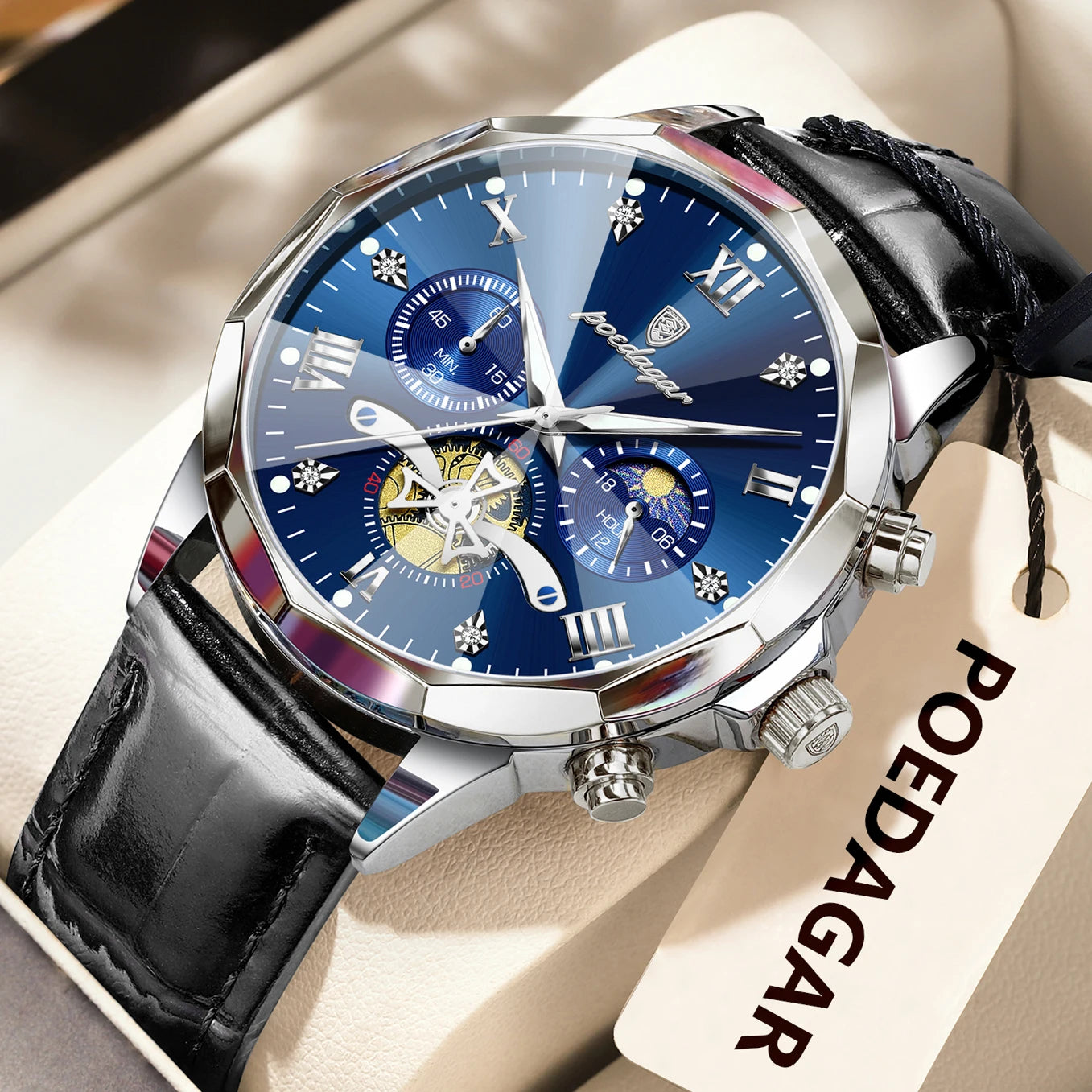 Men’s Leather Chronograph Watch Quartz Waterproof