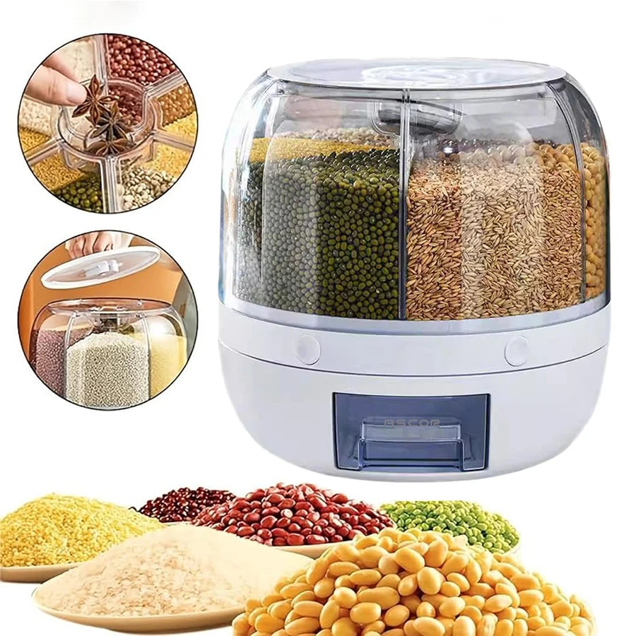 360° Rotating 6-Grid Grain Dispenser – Airtight Food Storage