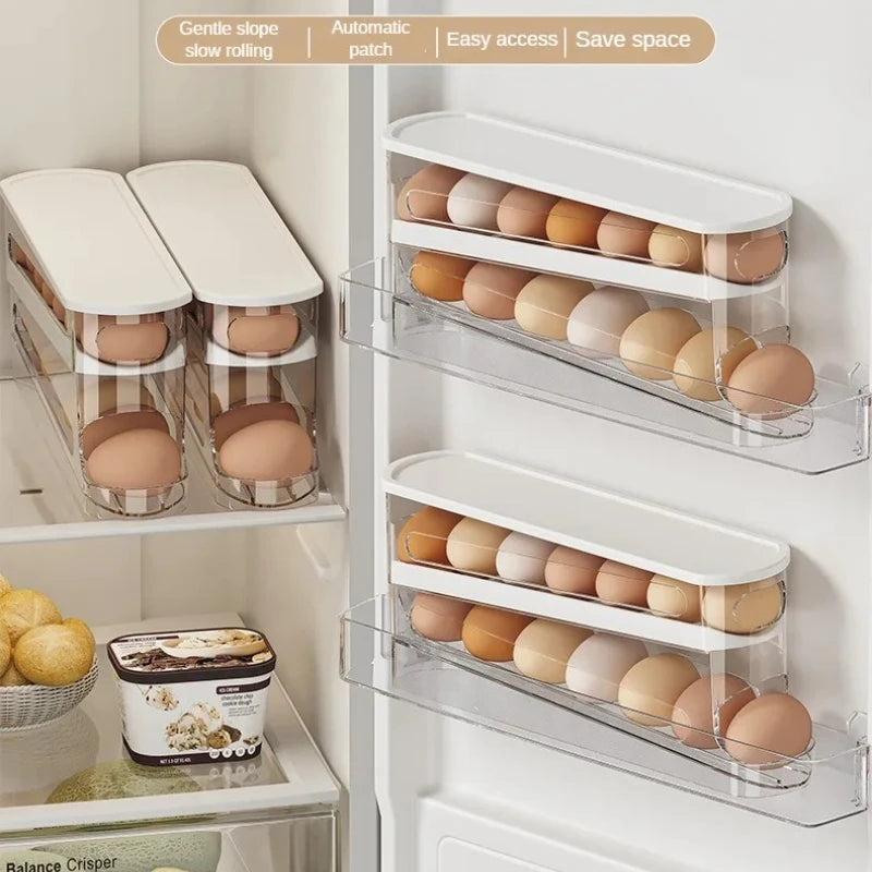 Rolling Fridge Egg Dispenser Rack Bilayer Storage Box