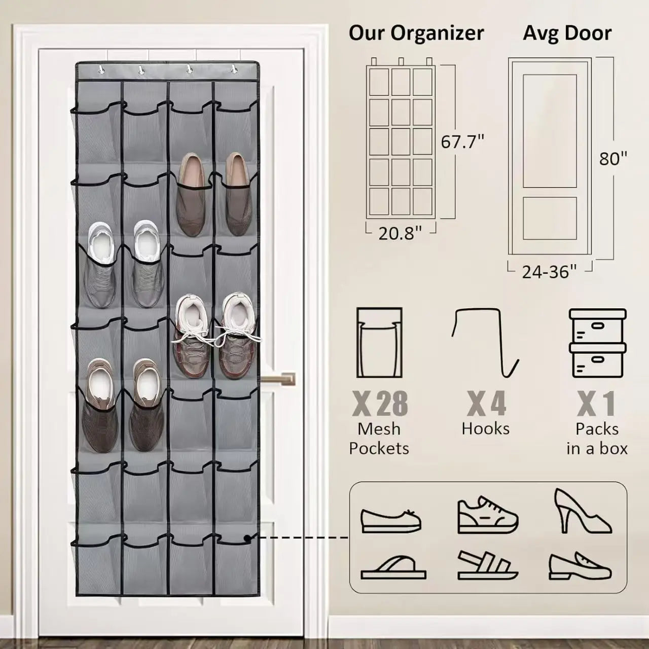 Over The Door Shoe Organizer With Large Mesh Pockets