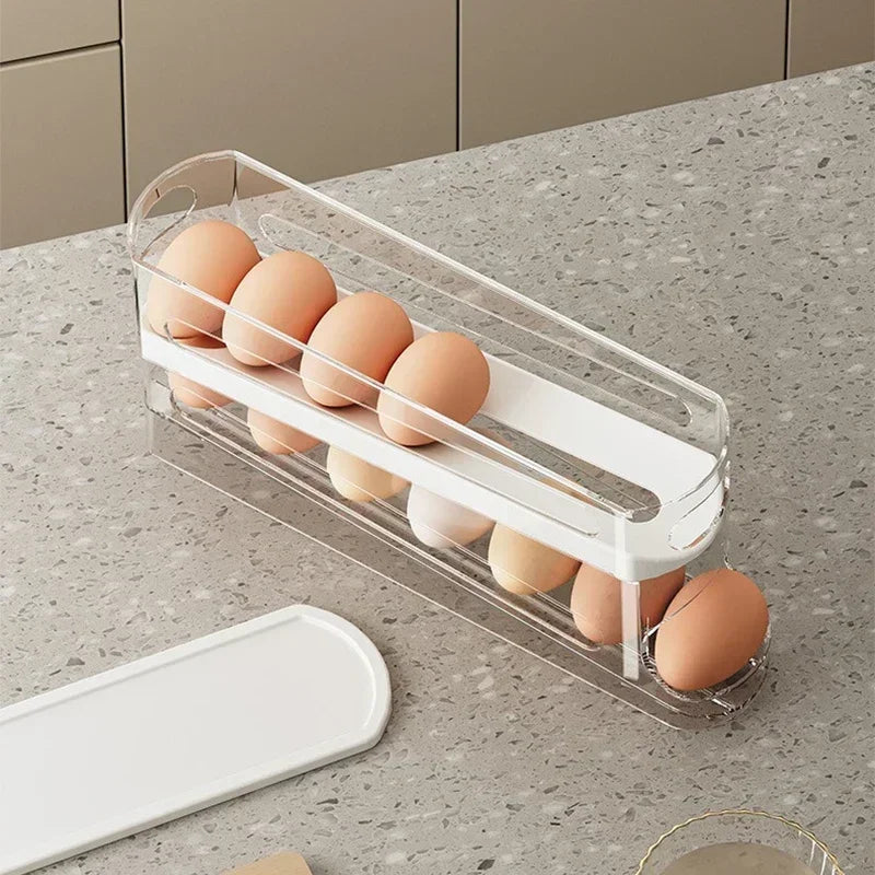 Rolling Fridge Egg Dispenser Rack Bilayer Storage Box