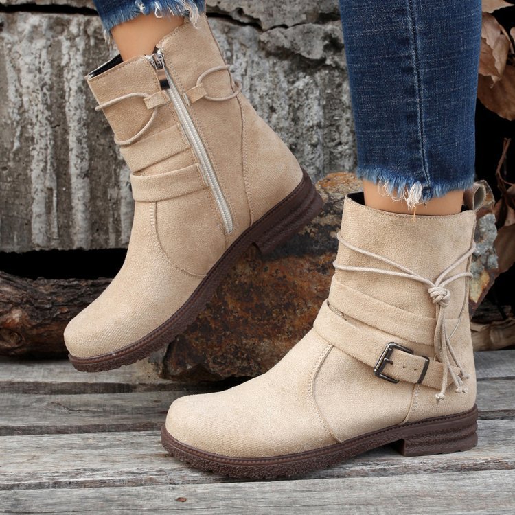 Retro Buckle Round Toe Boots