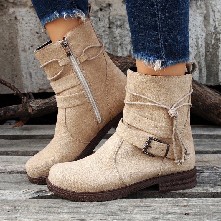 Retro Buckle Round Toe Boots