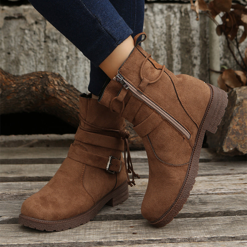 Retro Buckle Round Toe Boots