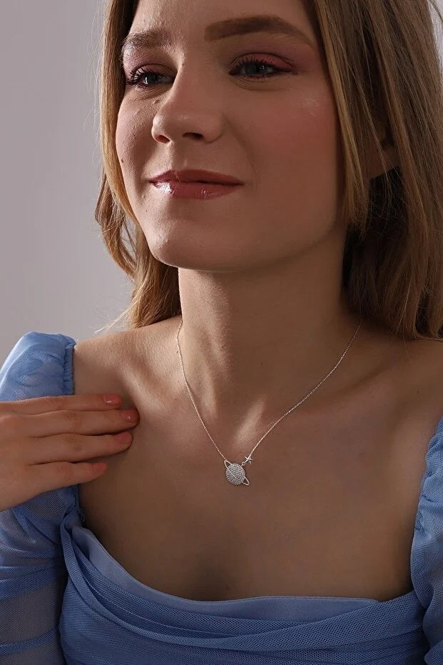 Saturn Silver Zircon Necklace