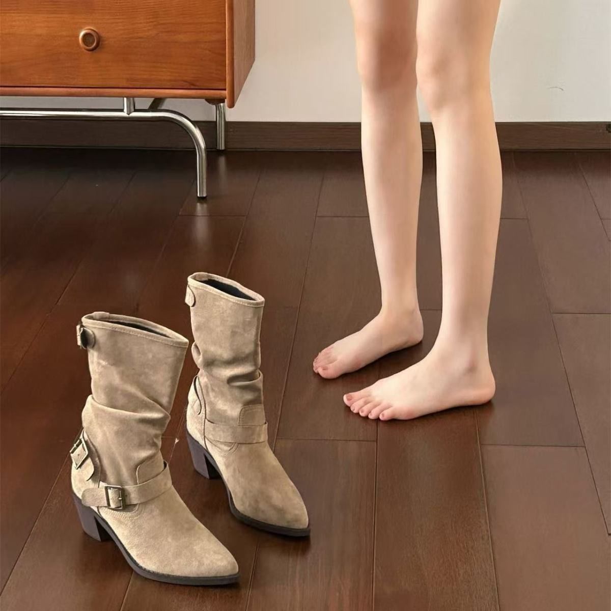 Chunky Heel Pleated Booties