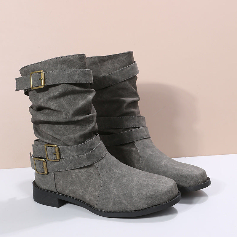 Vintage Low Heel Buckle Boots