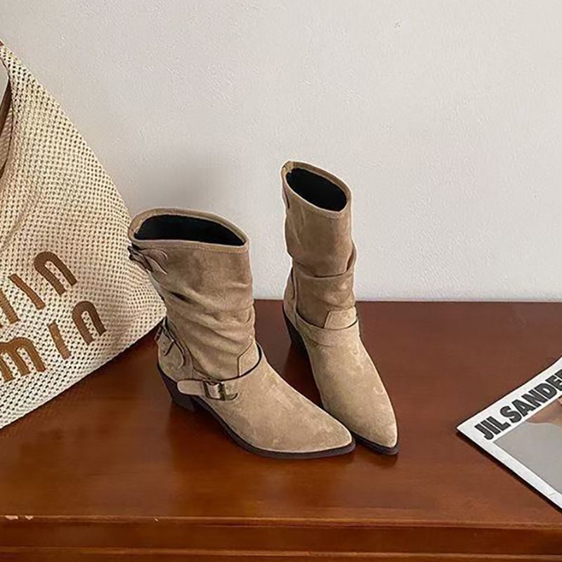 Chunky Heel Pleated Booties