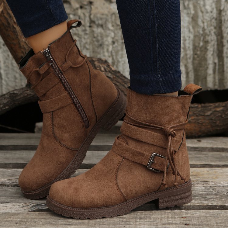 Retro Buckle Round Toe Boots