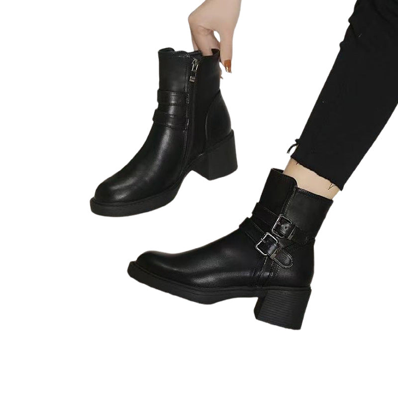 Round Toe Mid-Heel Black Boots