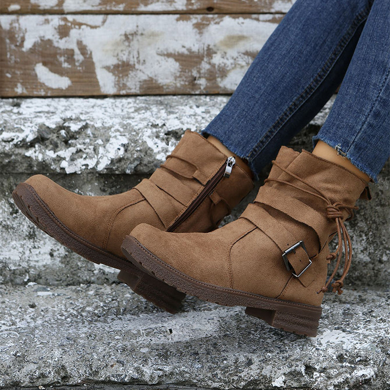 Retro Buckle Round Toe Boots