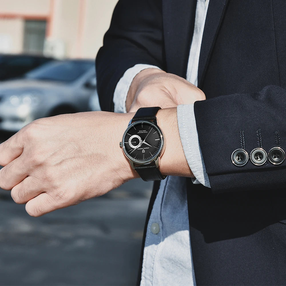 Men's Stainless Steel Quartz Watch With Leather Band
