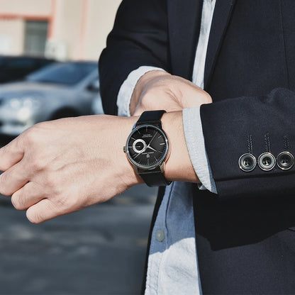 Men's Stainless Steel Quartz Watch With Leather Band