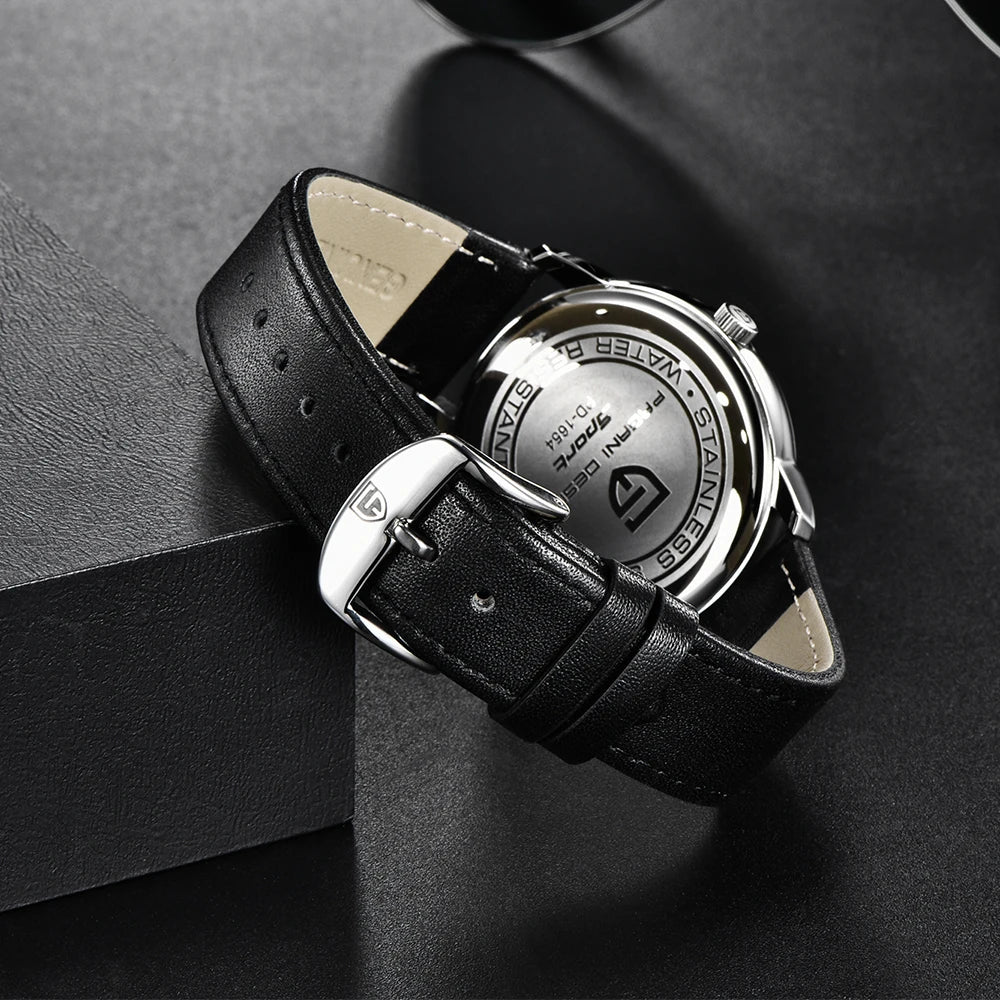 Men's Stainless Steel Quartz Watch With Leather Band