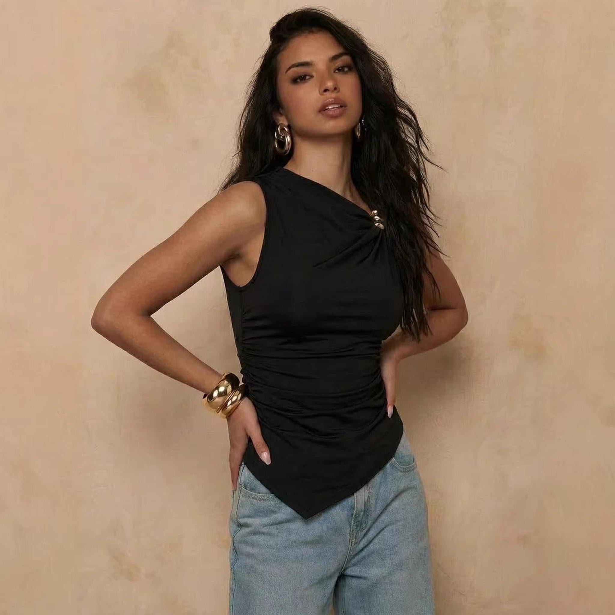 Horizon Essentials | Asymmetrical Sleeveless Pleated Tank Top