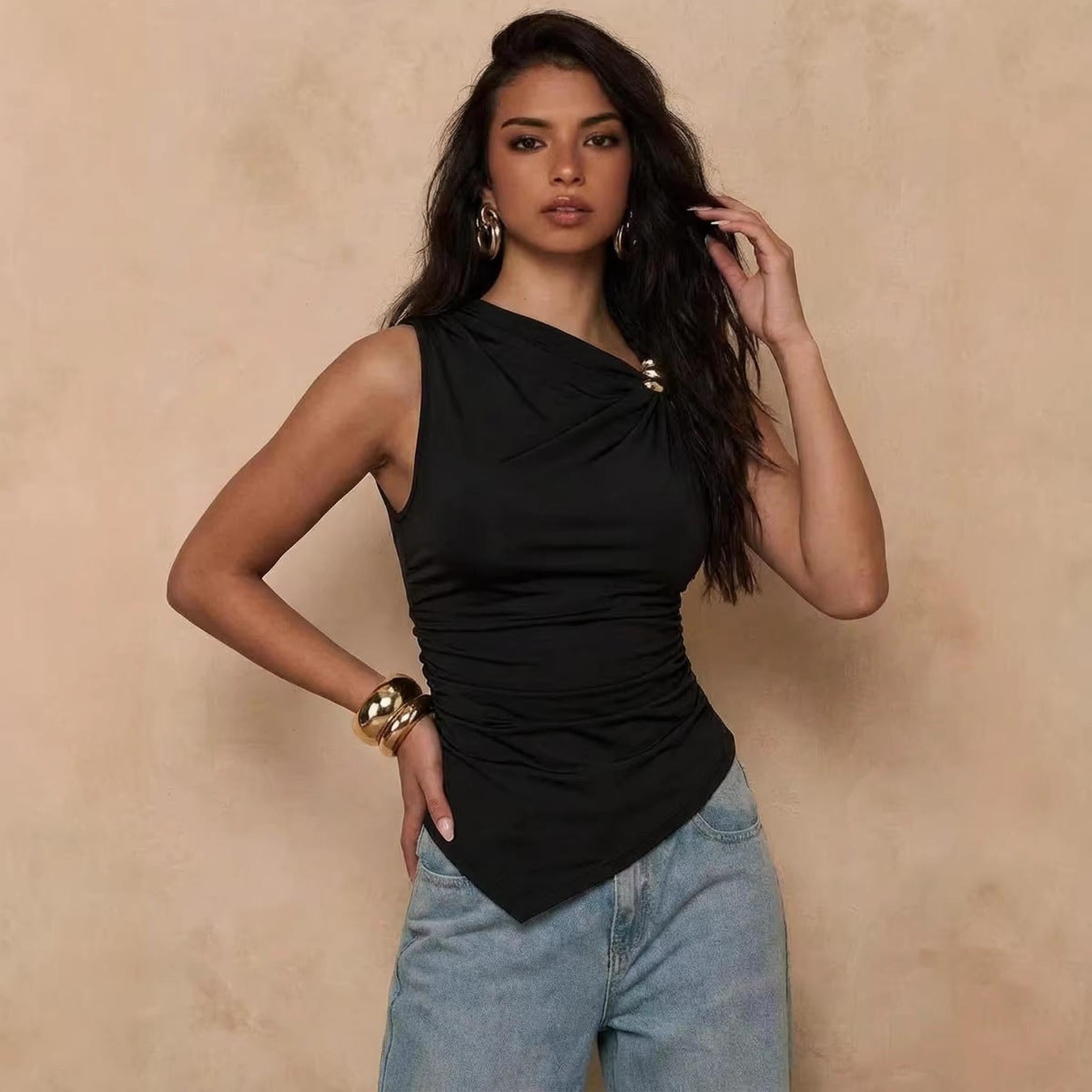 Horizon Essentials | Asymmetrical Sleeveless Pleated Tank Top