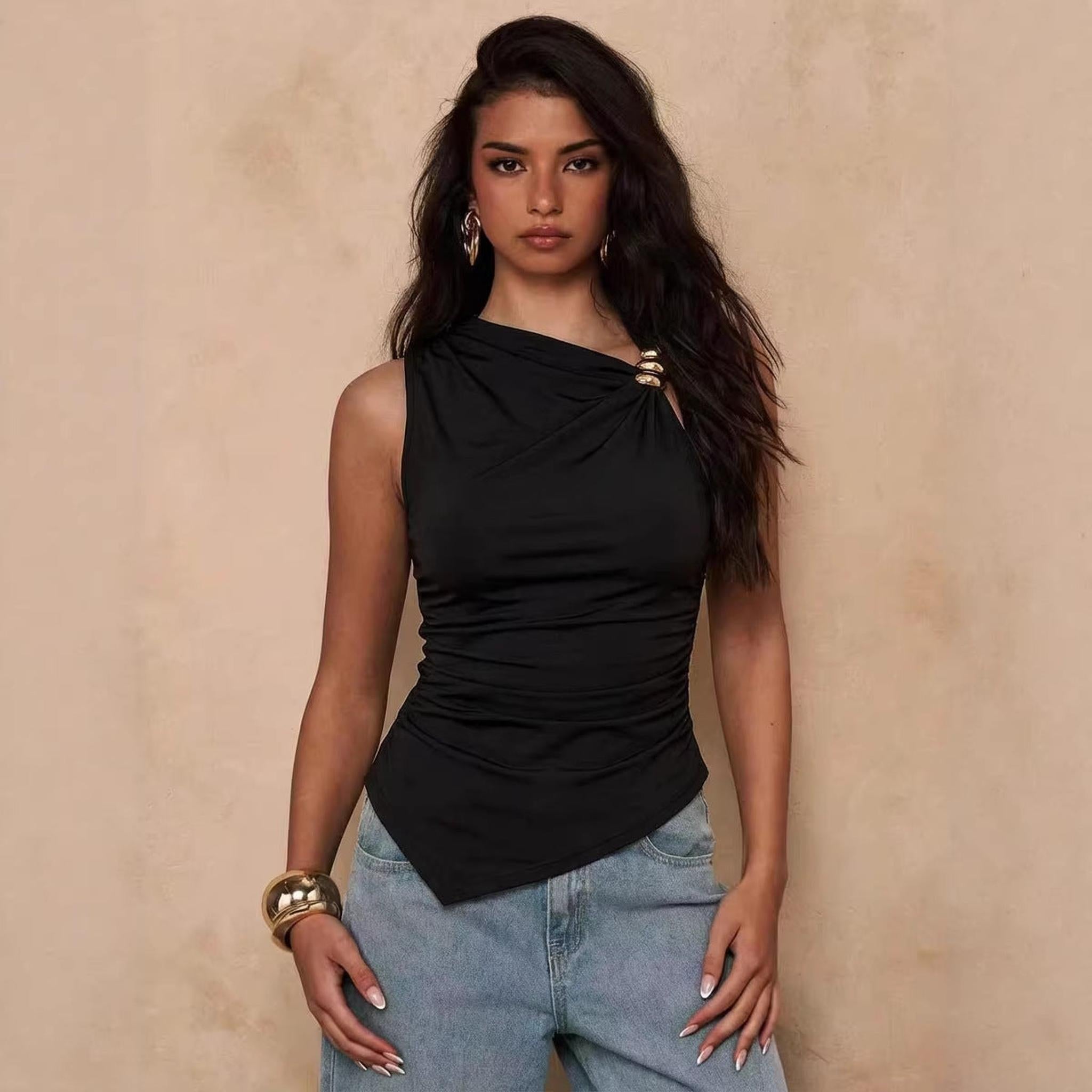 Horizon Essentials | Asymmetrical Sleeveless Pleated Tank Top