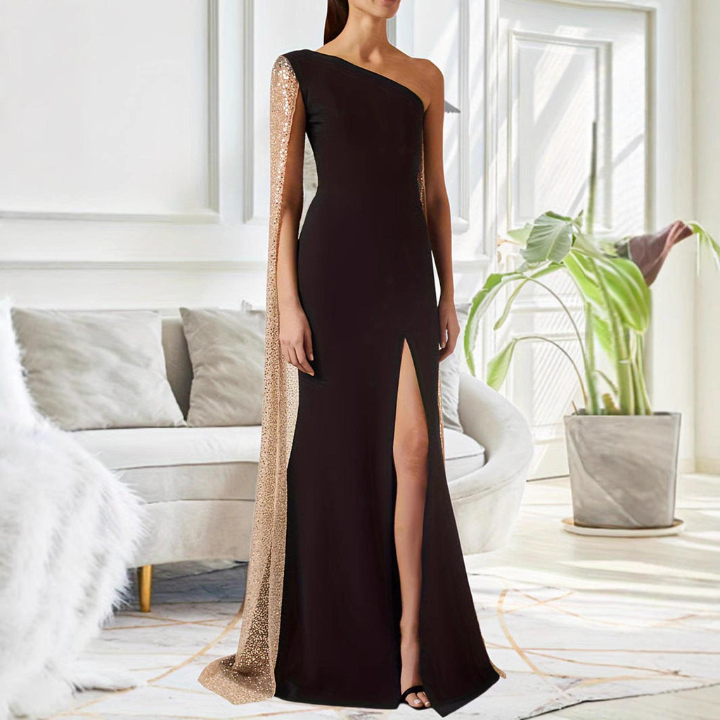 Horizon Essentials | Black One-Shoulder Slit Dress
