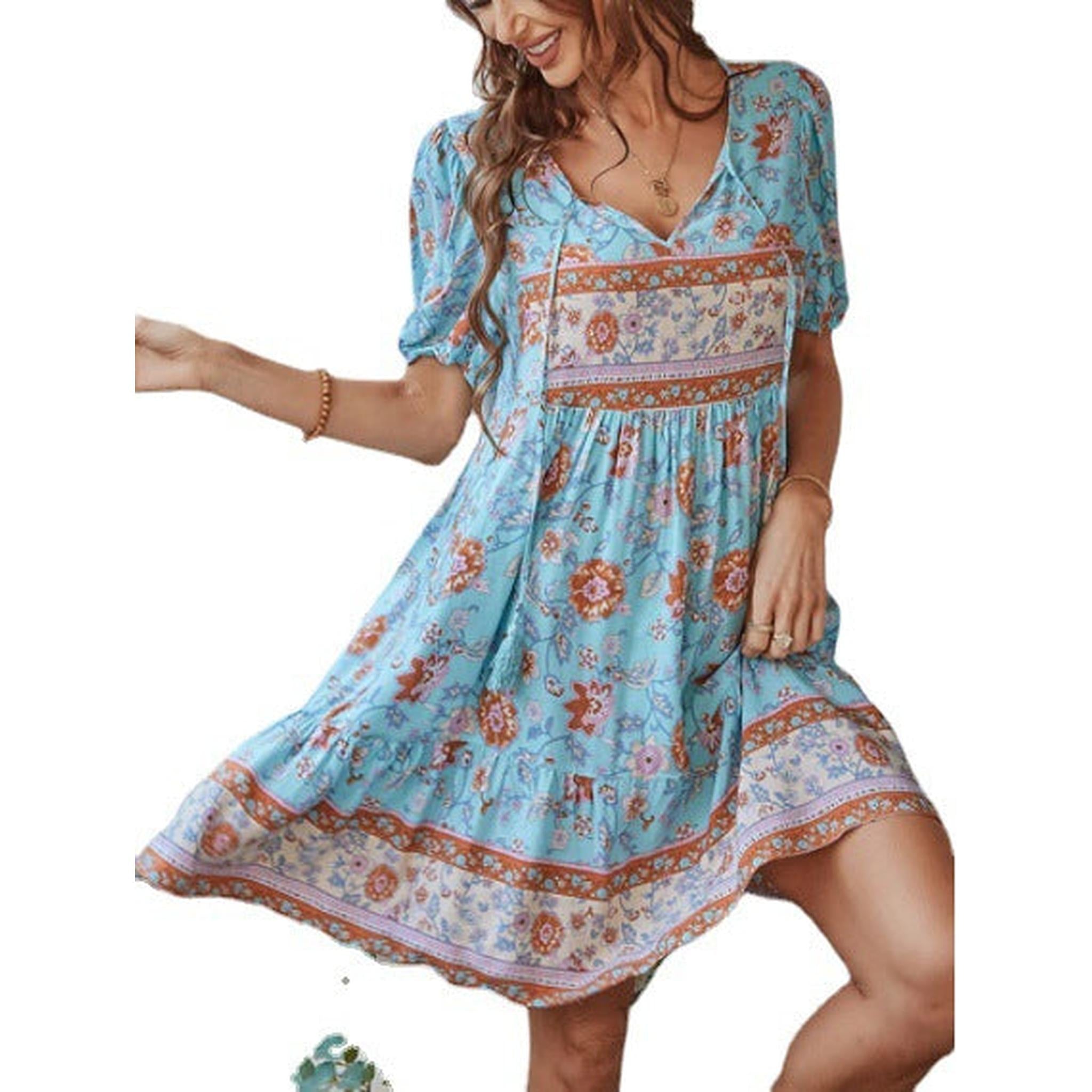 Horizon Essentials | Boho Floral Print Tie Front Short Sleeve Holiday Dress