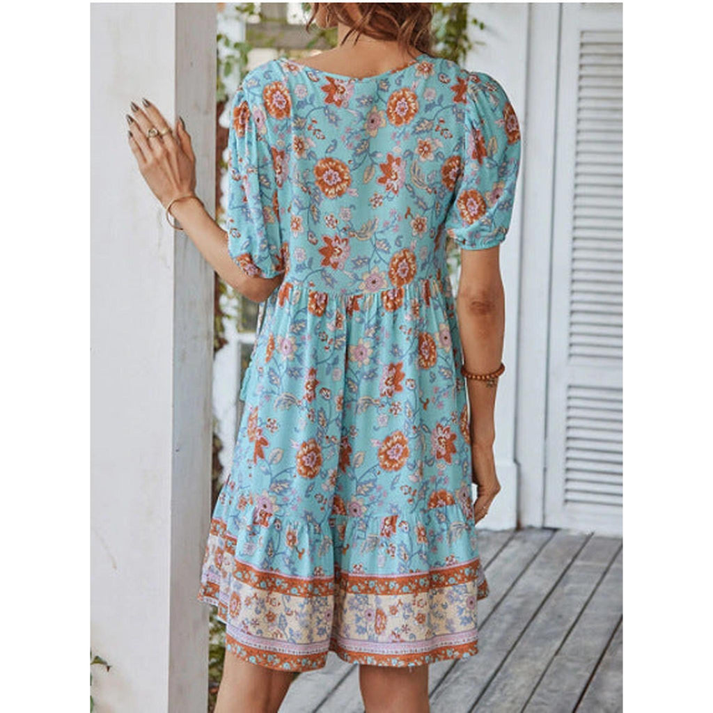 Horizon Essentials | Boho Floral Print Tie Front Short Sleeve Holiday Dress