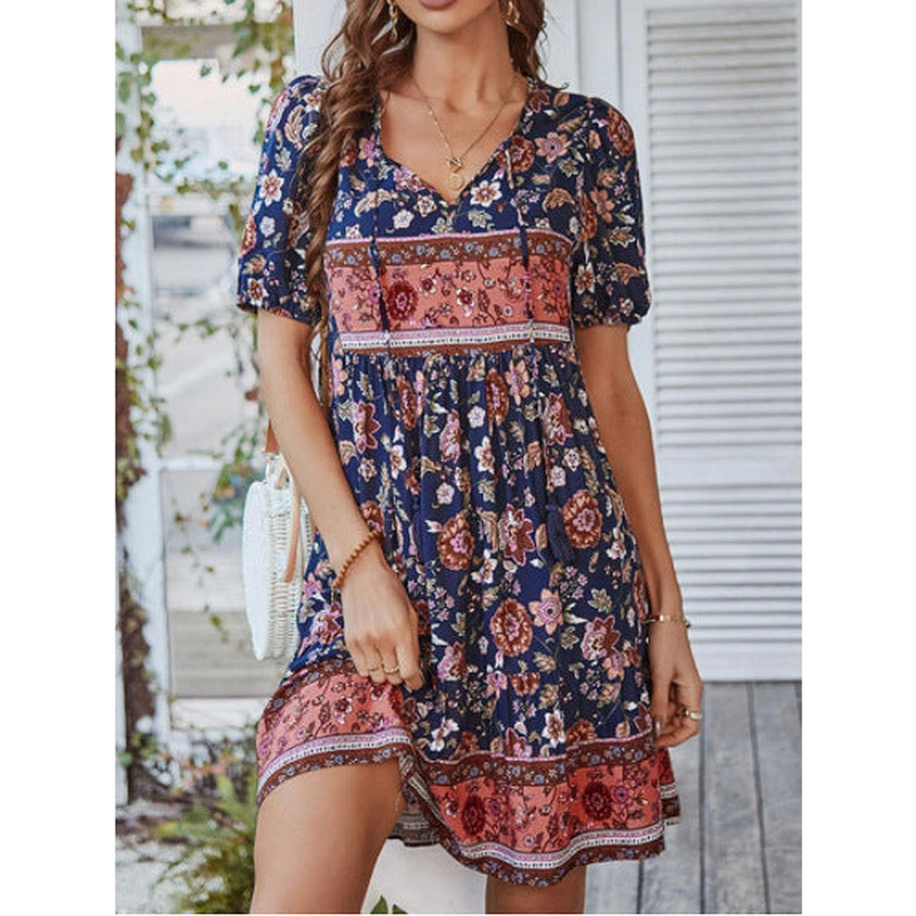 Horizon Essentials | Boho Floral Print Tie Front Short Sleeve Holiday Dress