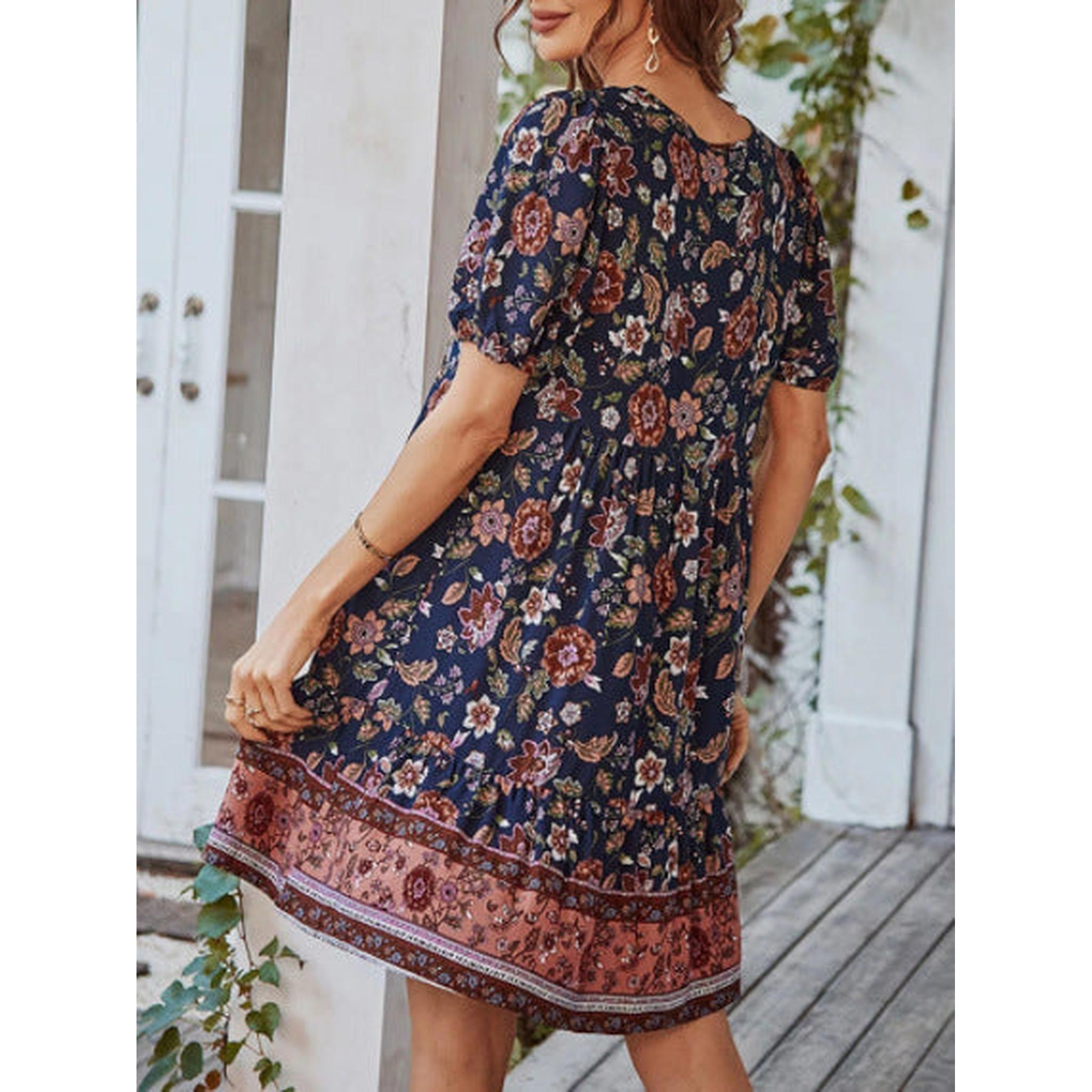 Horizon Essentials | Boho Floral Print Tie Front Short Sleeve Holiday Dress