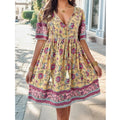 Horizon Essentials | Boho Floral Print Tie Front Short Sleeve Holiday Dress