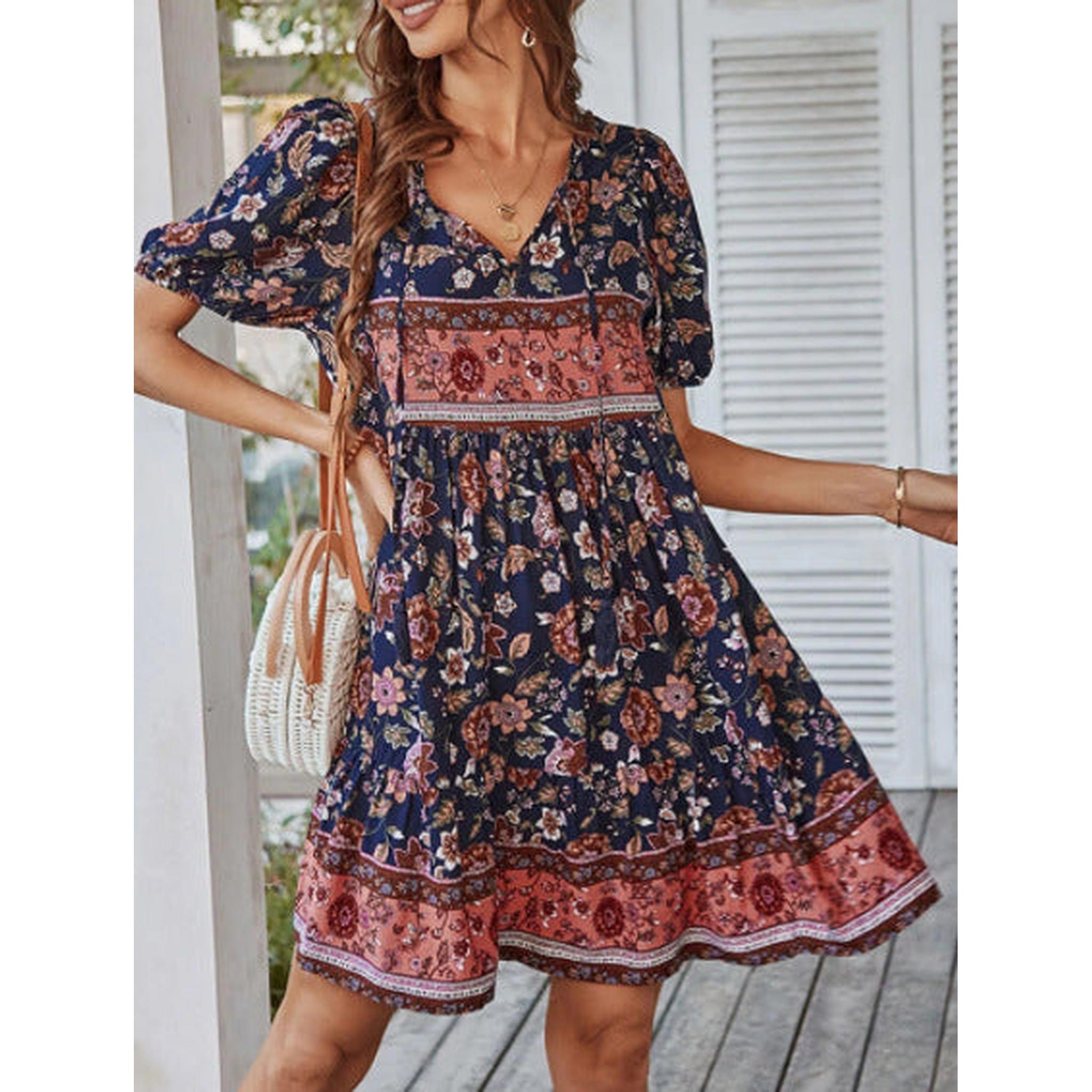 Horizon Essentials | Boho Floral Print Tie Front Short Sleeve Holiday Dress