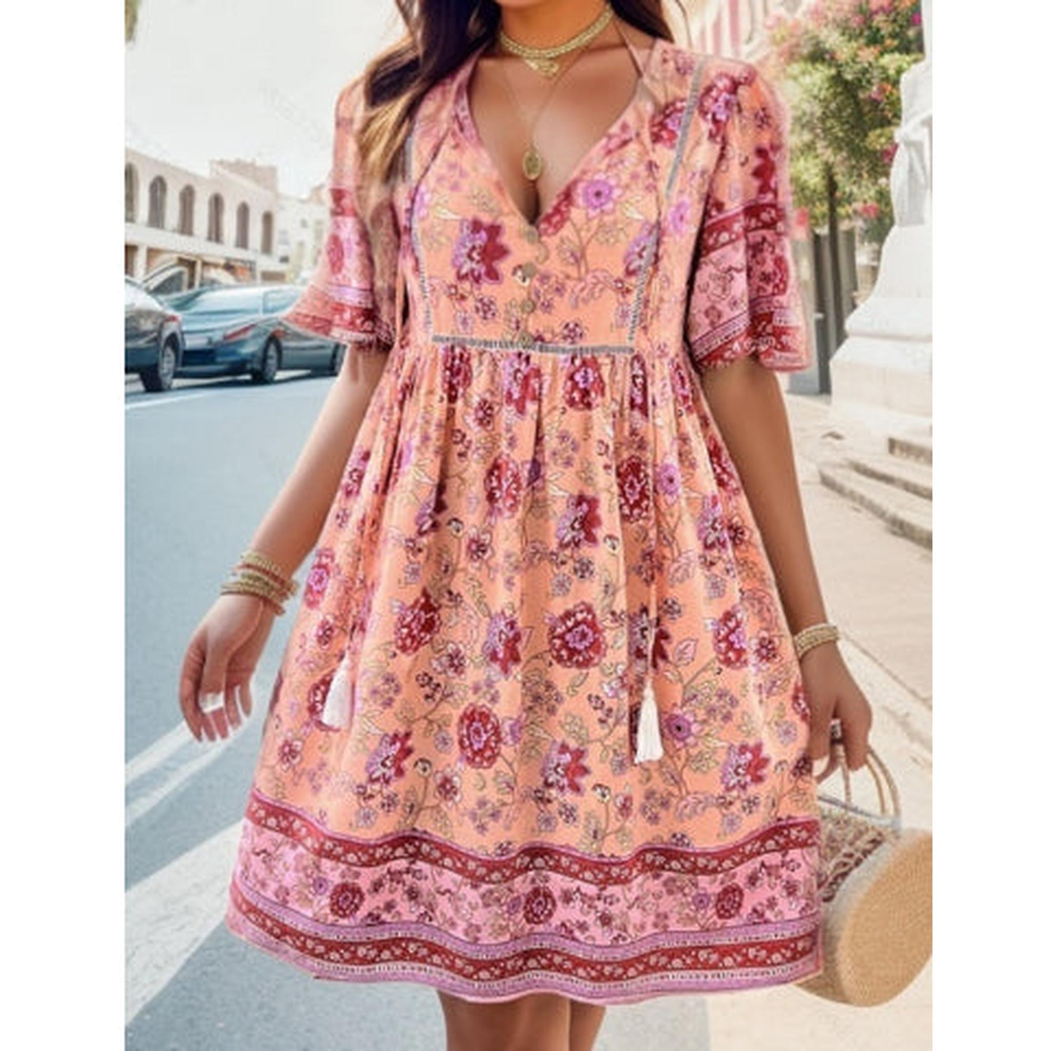 Horizon Essentials | Boho Floral Print Tie Front Short Sleeve Holiday Dress