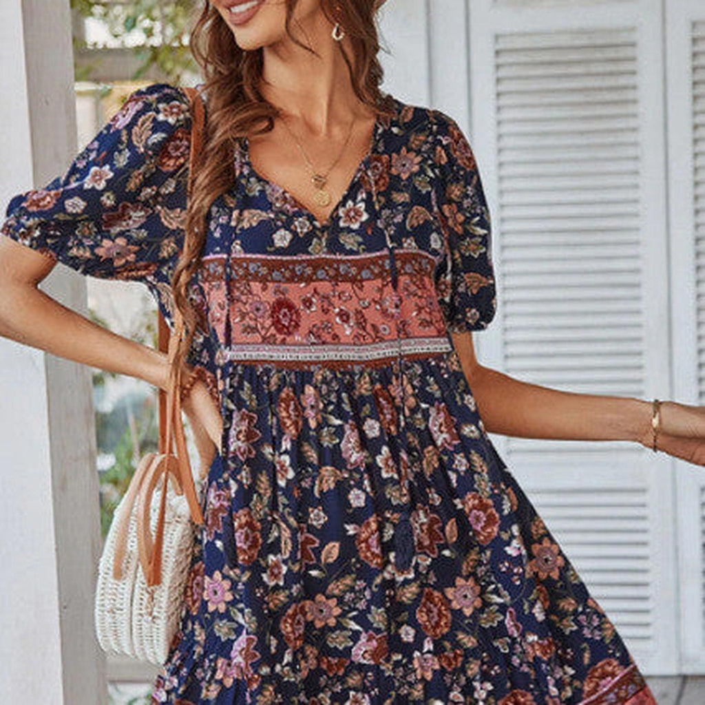 Horizon Essentials | Boho Floral Print Tie Front Short Sleeve Holiday Dress