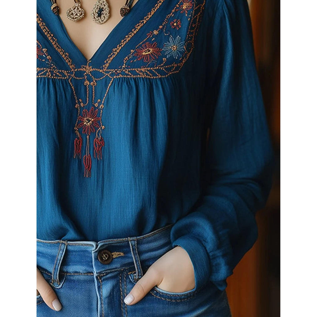 Horizon Essentials | Boho Print V-Neck Blouse with Rustic Charm