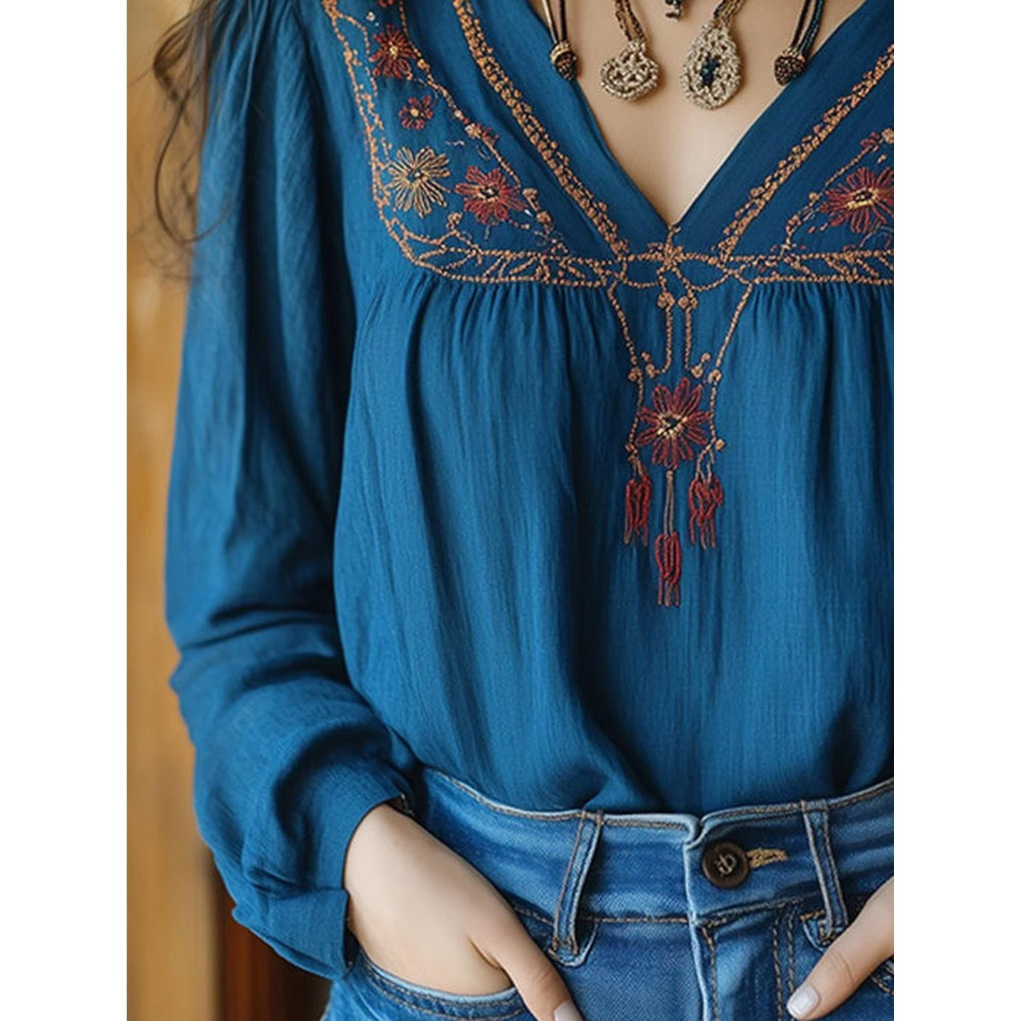 Horizon Essentials | Boho Print V-Neck Blouse with Rustic Charm