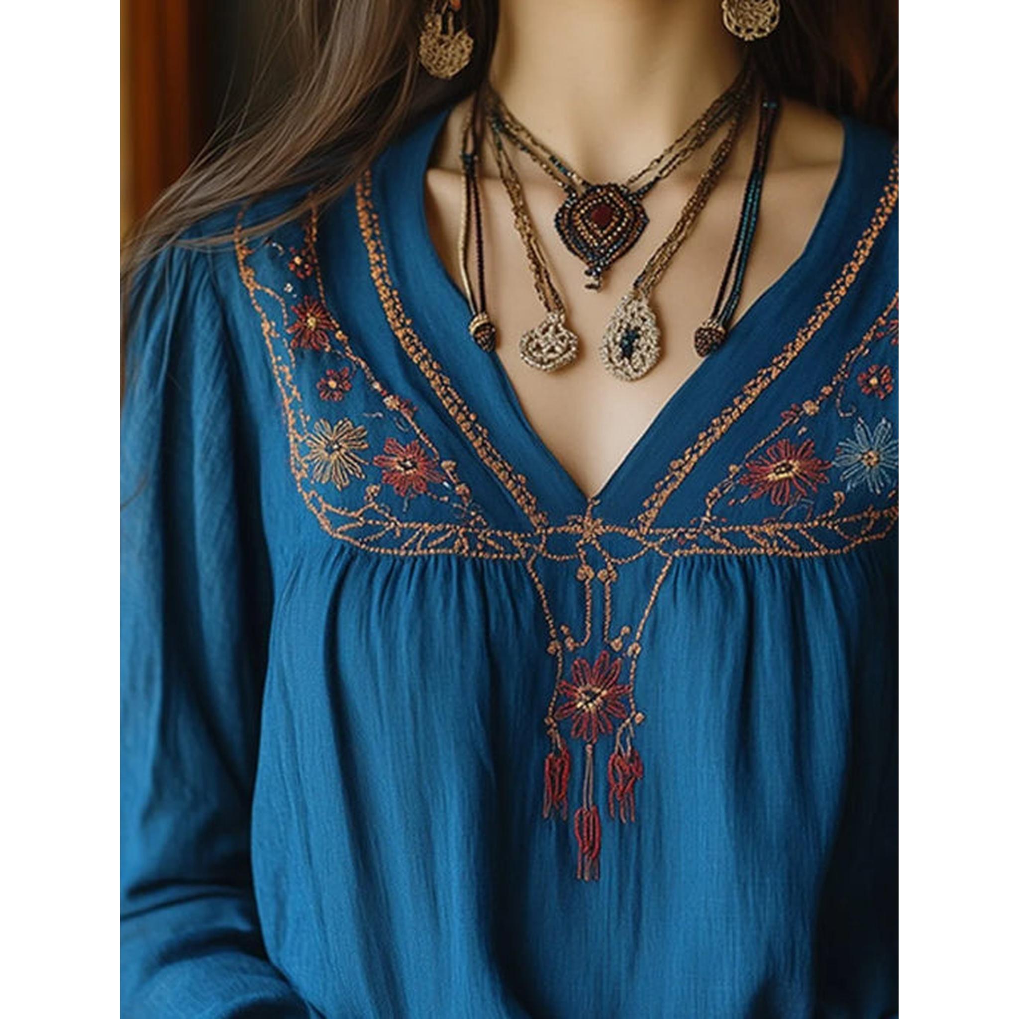 Horizon Essentials | Boho Print V-Neck Blouse with Rustic Charm