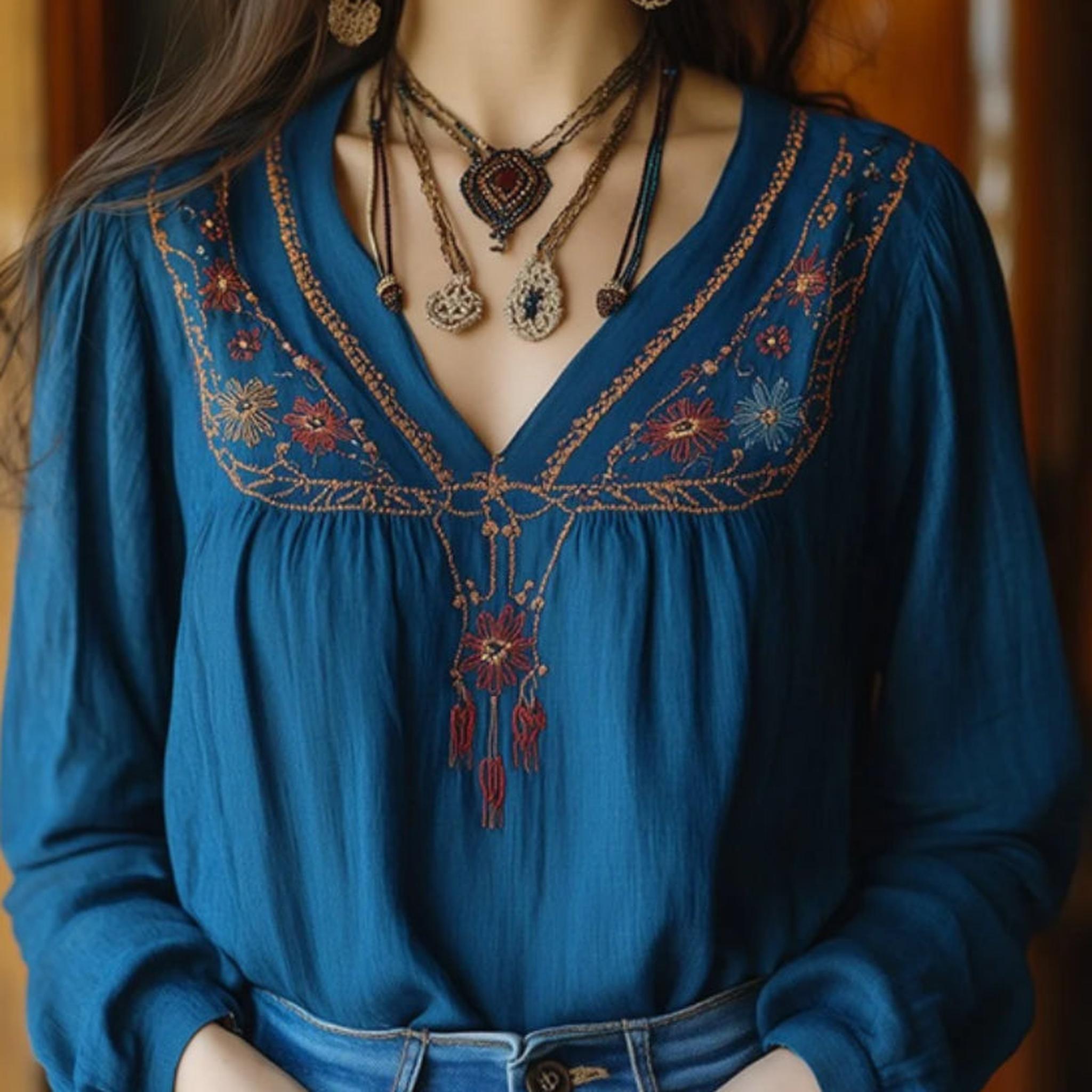 Horizon Essentials | Boho Print V-Neck Blouse with Rustic Charm