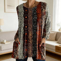 Horizon Essentials | Boho Tribal Print Round Neck Loose Fit Pocket Long Sleeve Tunic Top