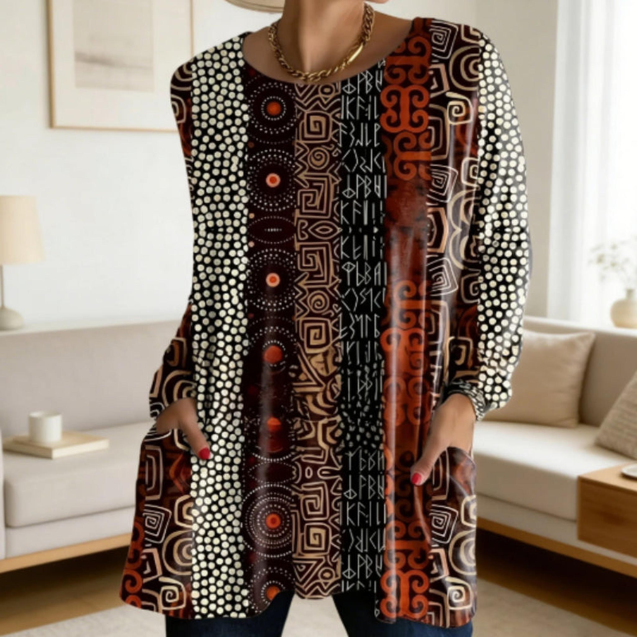 Horizon Essentials | Boho Tribal Print Round Neck Loose Fit Pocket Long Sleeve Tunic Top