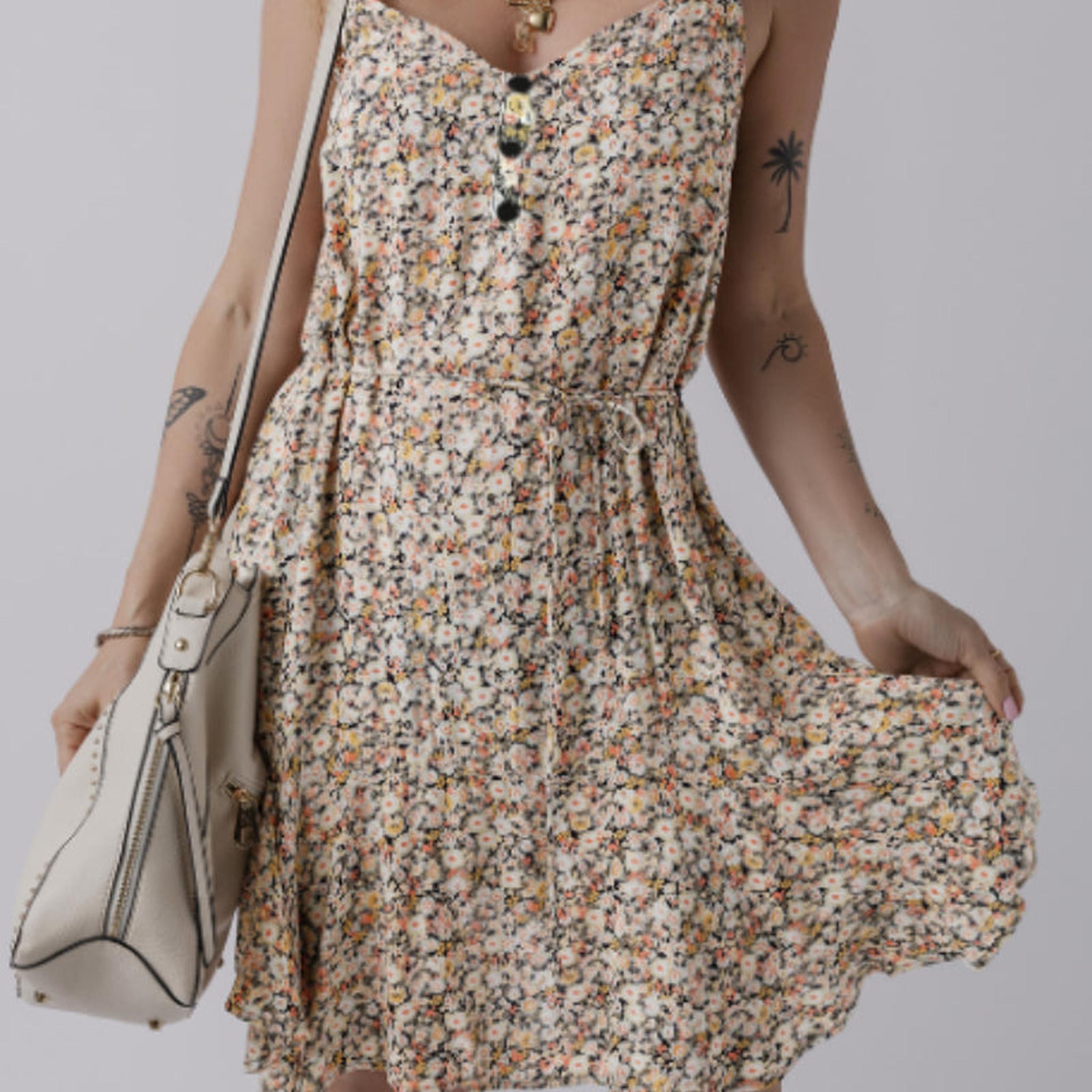 Horizon Essentials | Khaki Boho Floral Printed Tie Waist Flared Sundress