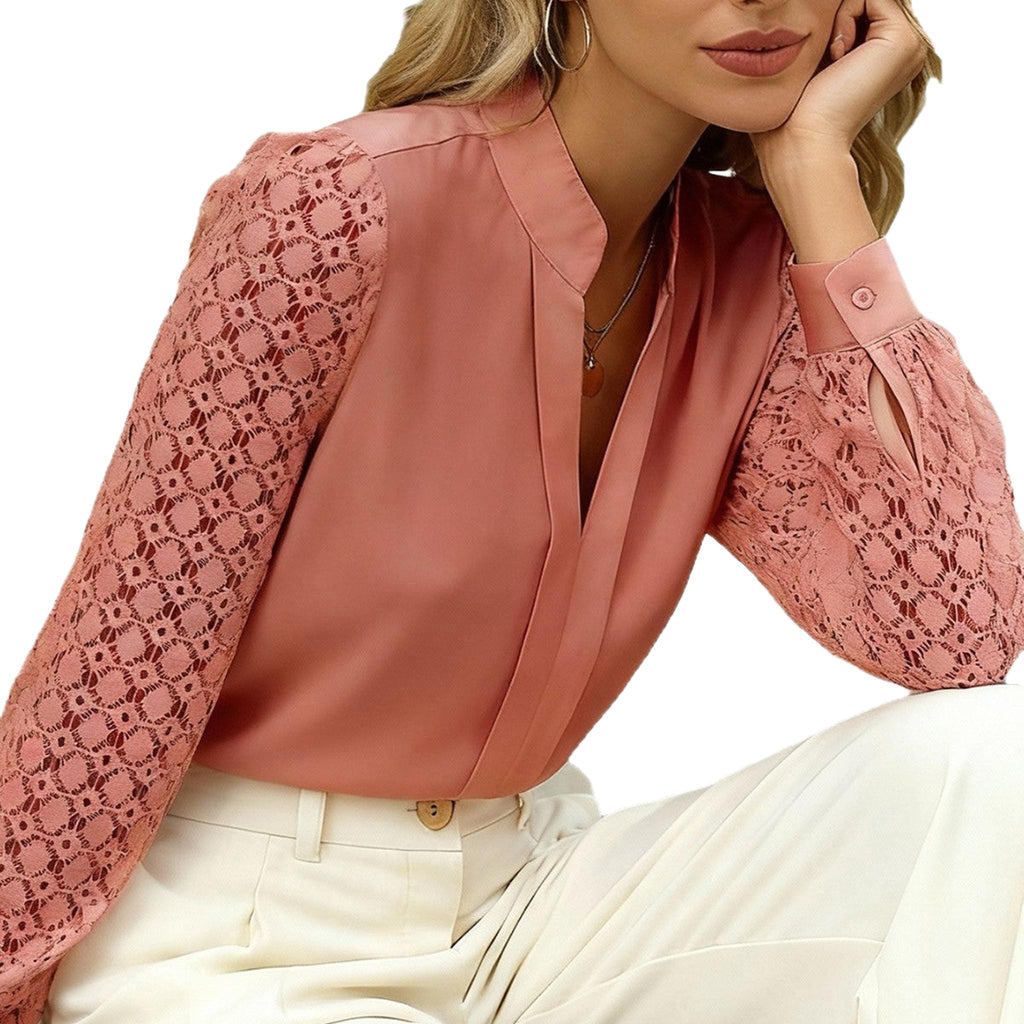 Horizon Essentials | Lace-Trimmed V-Neck Patchwork Top