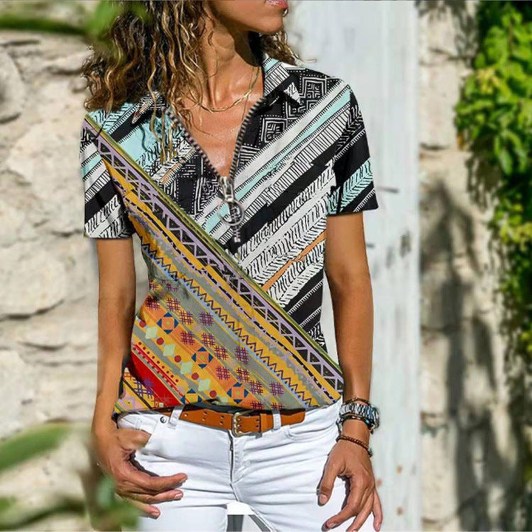 Horizon Essentials | New Women's Boho Zip Short Sleeve T-Shirt
