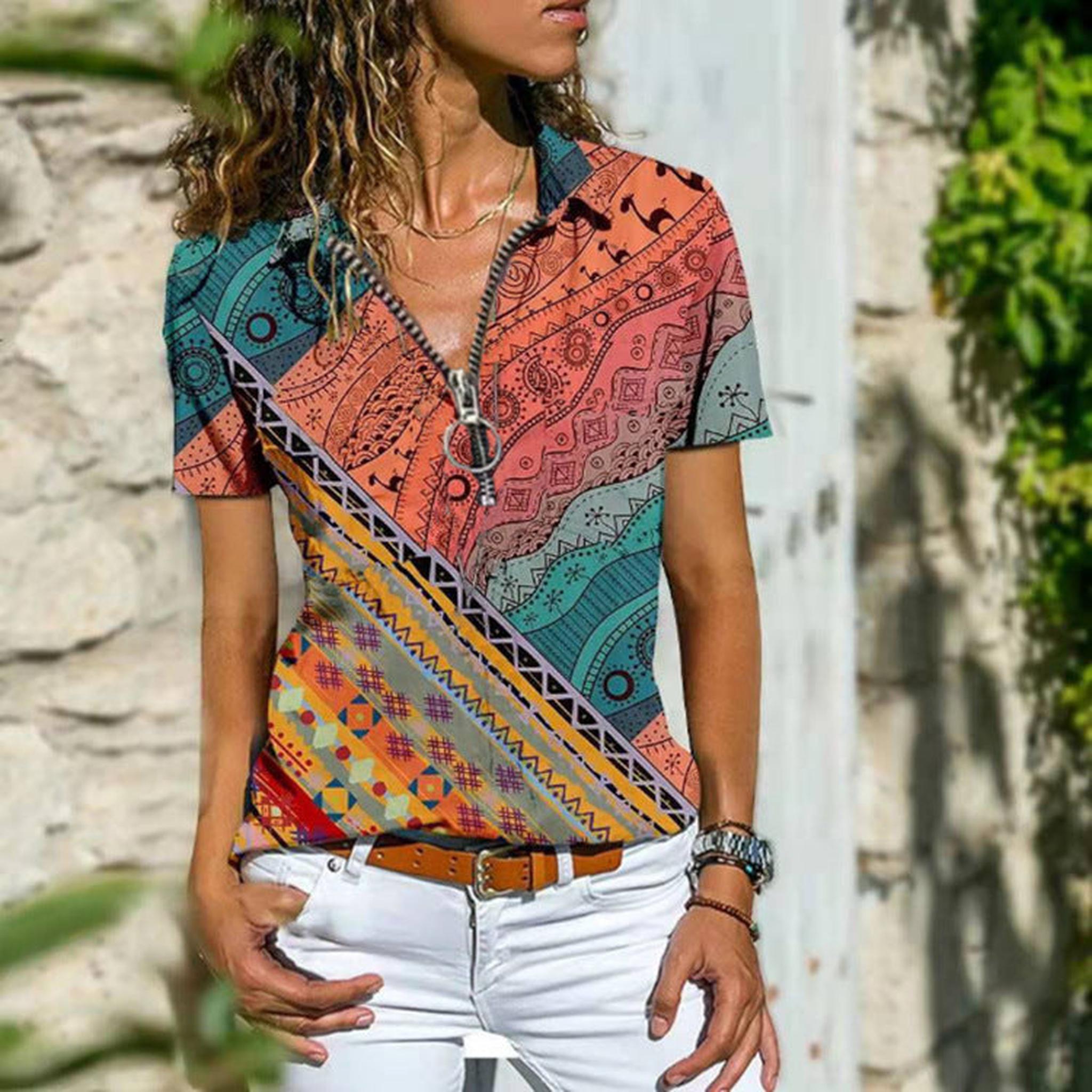 Horizon Essentials | New Women's Boho Zip Short Sleeve T-Shirt