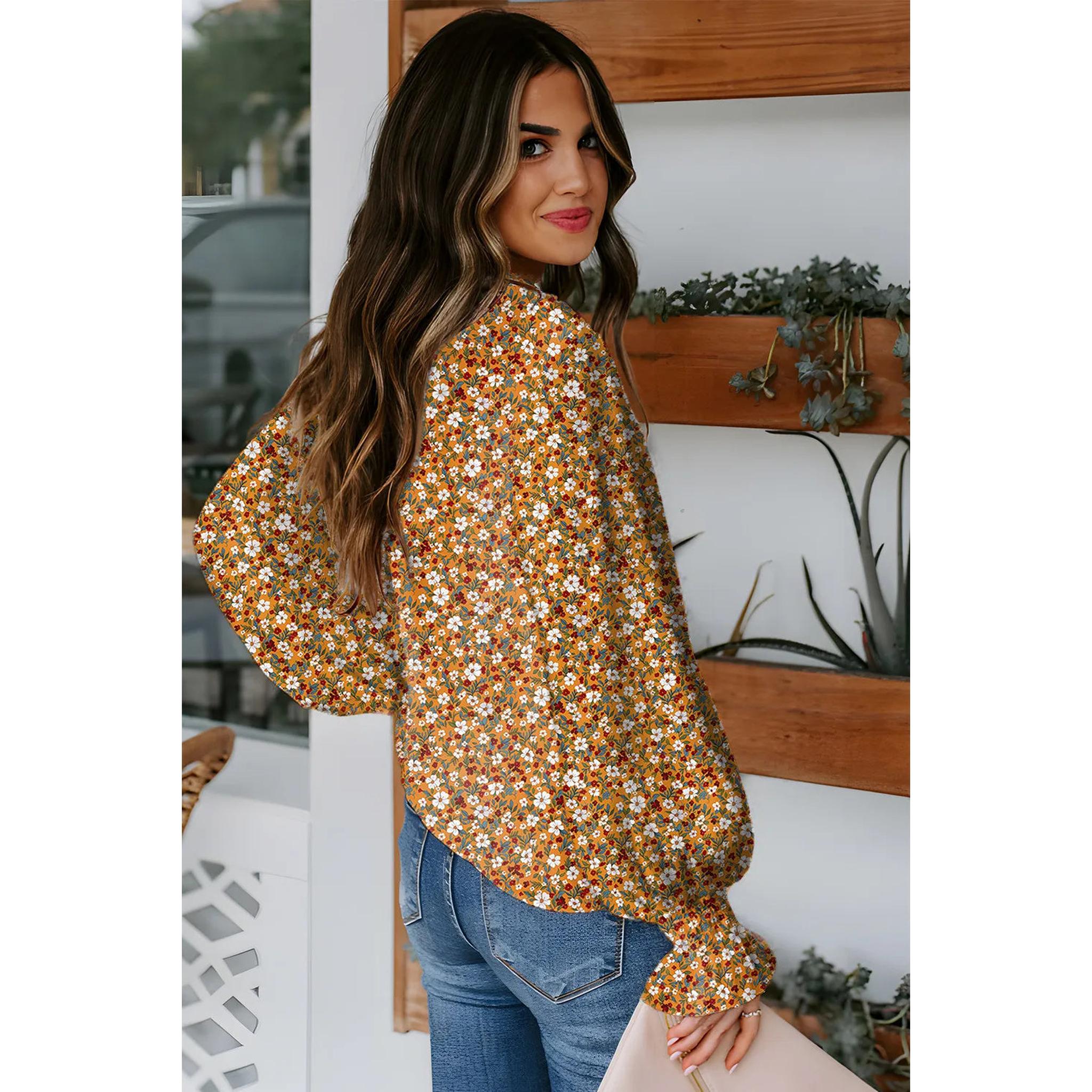 Horizon Essentials | Orange Boho Floral Ruffled Bubble Sleeve V Neck Fall Blouse