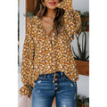 Horizon Essentials | Orange Boho Floral Ruffled Bubble Sleeve V Neck Fall Blouse