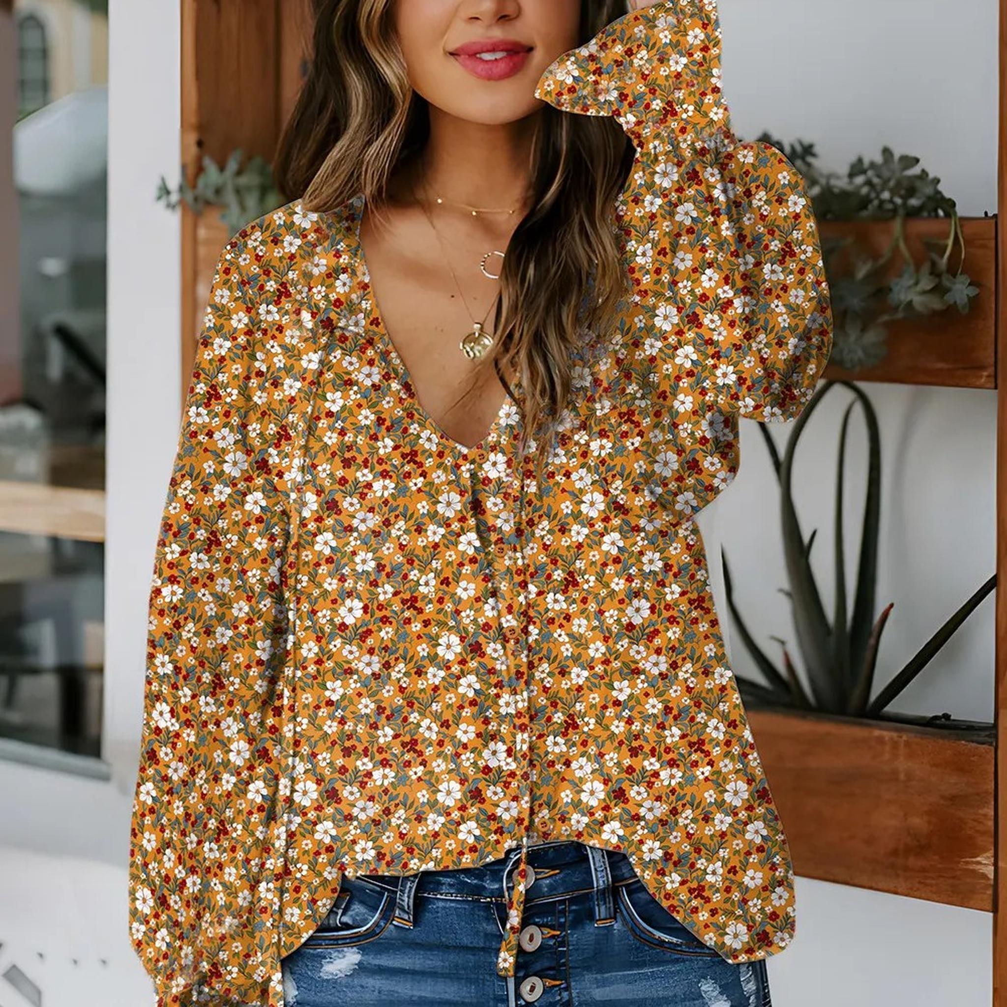 Horizon Essentials | Orange Boho Floral Ruffled Bubble Sleeve V Neck Fall Blouse