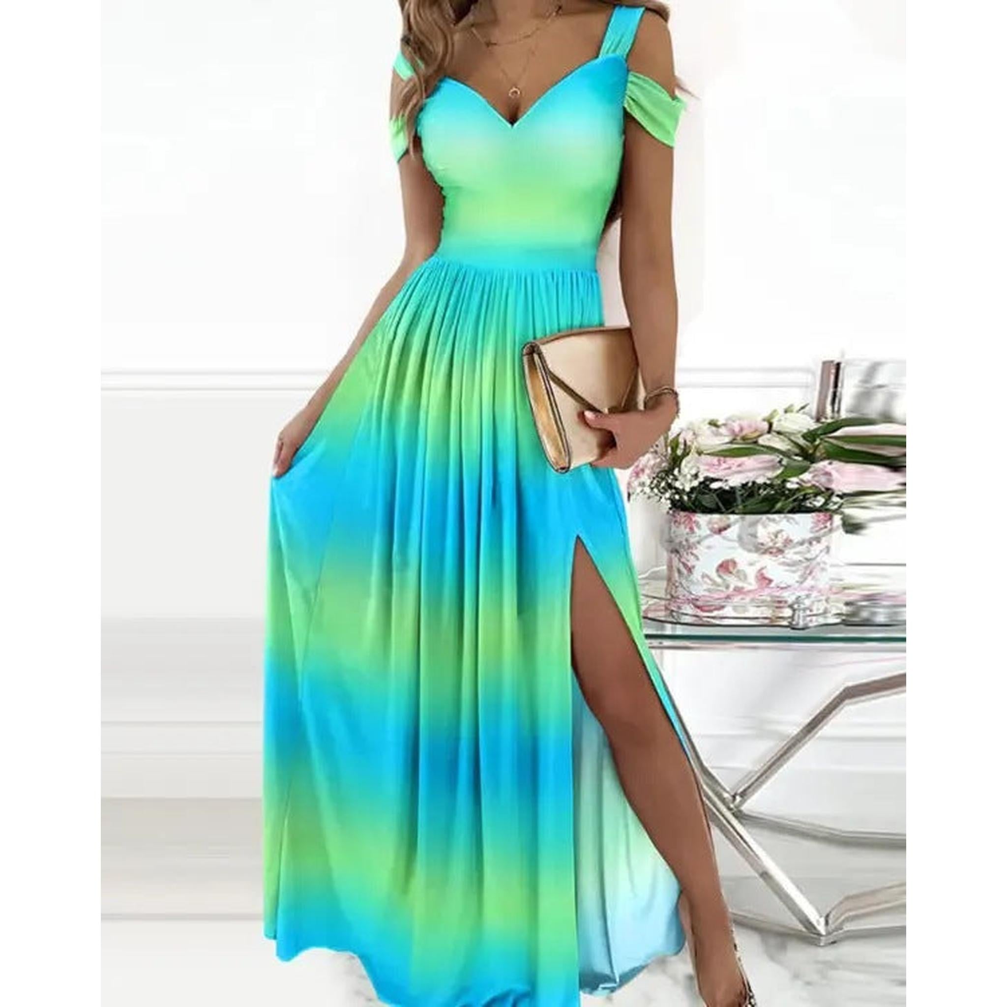 Horizon Essentials | V-neck Boho Spaghetti Strap Dress Women Split Long Flowy Dresses For Party Beach