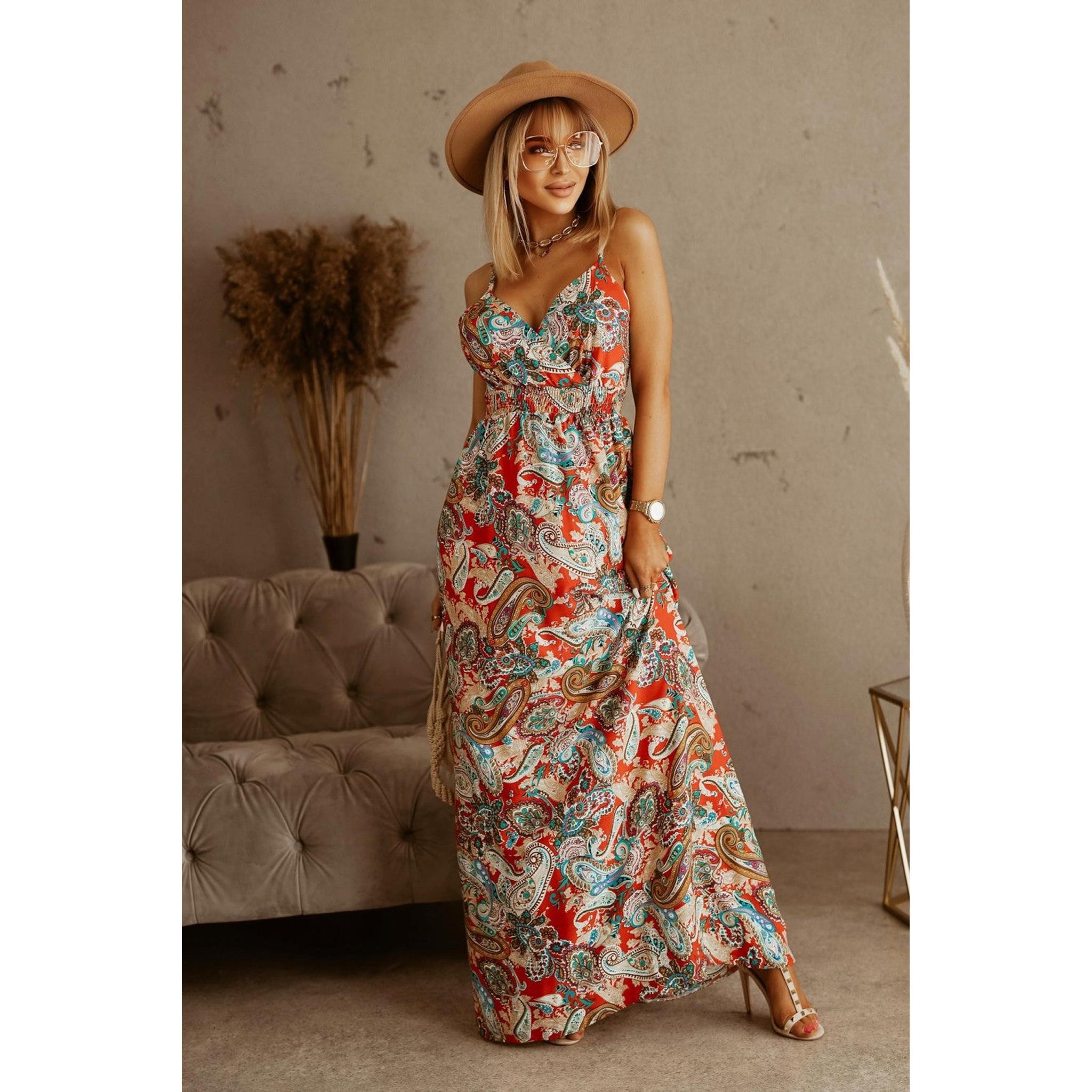 Horizon Essentials | V-neck Sleeveless Suspender Print Boho Maxi Dress