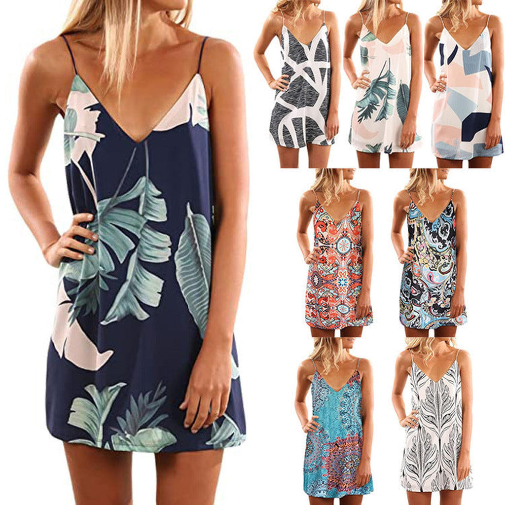 Horizon Essentials | V-neck Suspender Open-back Printed Beach Boho Short Dress Beachwear