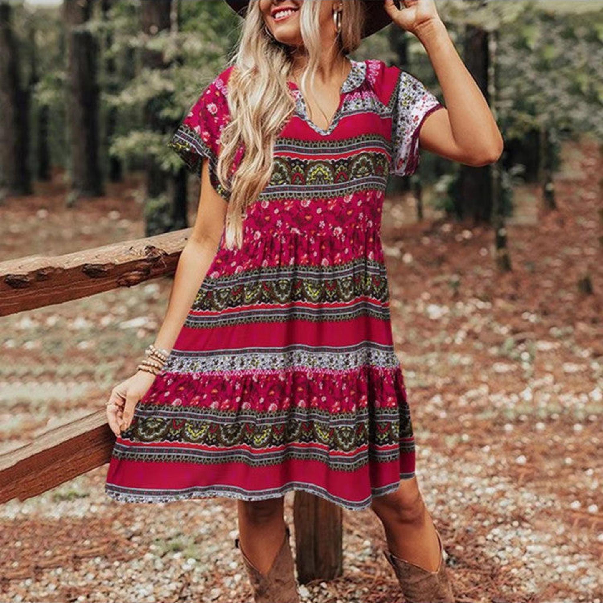 Horizon Essentials | Women's Boho Print Short Sleeve Dress