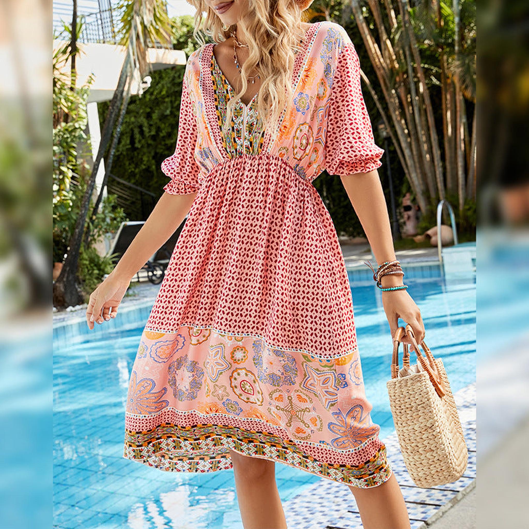 Horizon Essentials | Women's Printed V-Neck Short Sleeve Boho Dress